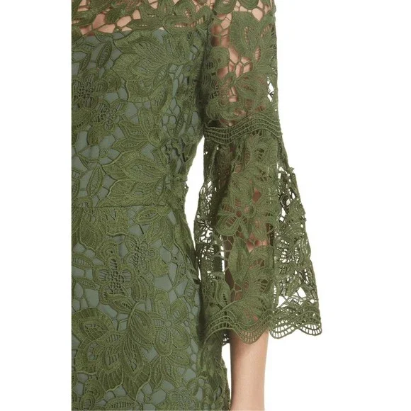 LELA ROSE Green Flounce Sheer Bell Sleeve Floral Guipure Lace Midi Dress 10  NEW